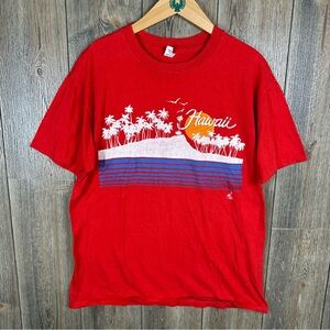 Vintage 70s Sunstrokes of Hawaii Sunset T-Shirt Poly Tees Size Large Red